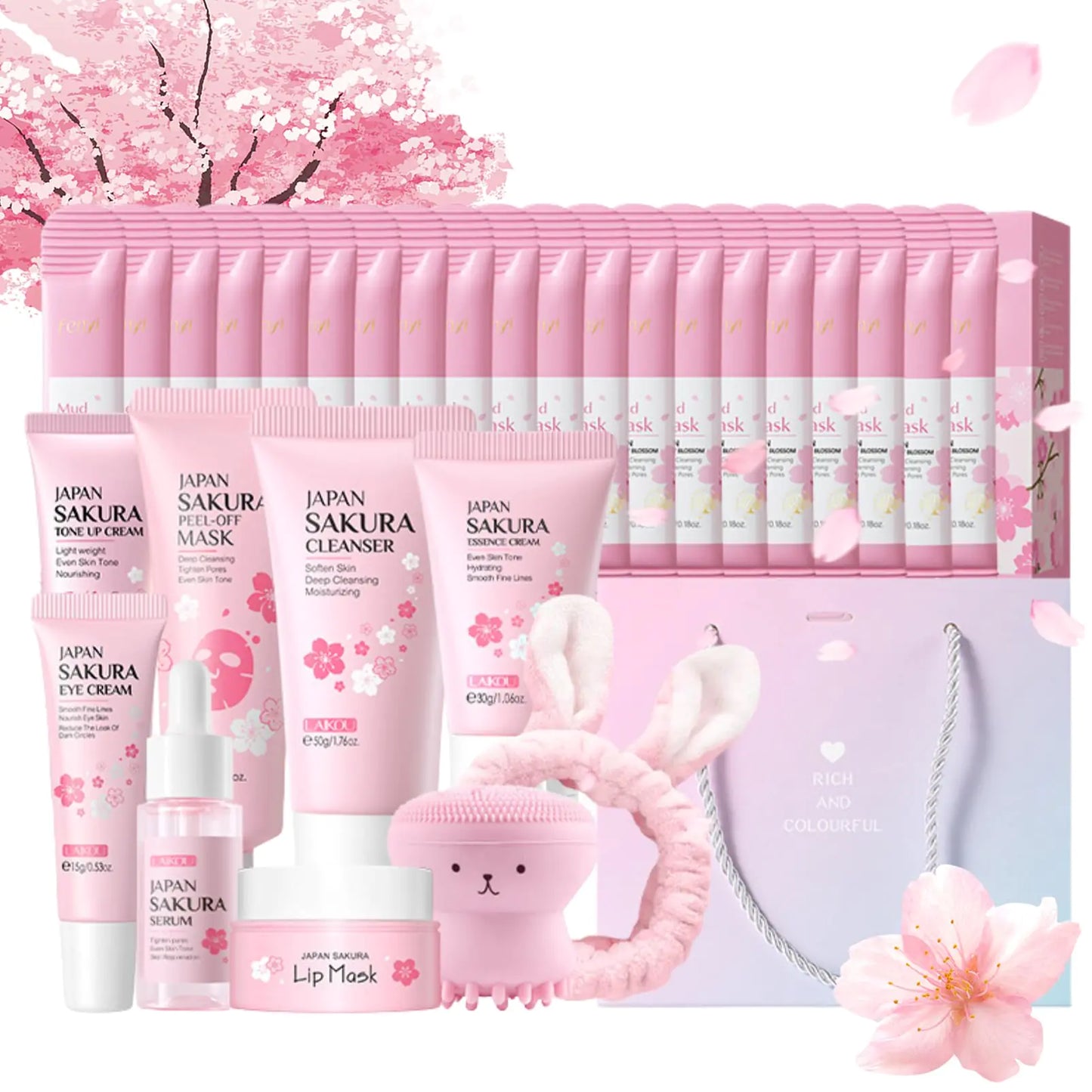 Sakura Skin Care Sets & Kits Japanese Cherry Blossom Women Beauty Gift Sets Facial Kit for Women Skincare Set for Teenage Girls Daily Care All in One Set Face Care Set for Women & Girls 32PCS